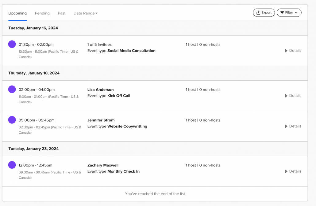 Upcoming scheduled events tab in Calendly